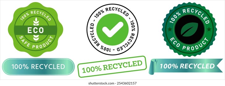 100 percent recycled recyclable product eco friendly save earth reusable stamp green badge emblem waste nature care sticker design icon set collection