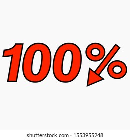 The 100 percent reduction icon is red. Price drop. Interest rate reduction. Sell-out. Stock symbol. Discount. Markdown of goods. Bonus discount. Vector icon.