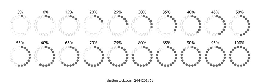 Gráfico circular con un 100 por ciento de anillos. Plantilla de relleno redondo. Estructura de diagrama de círculo gris dividida en piezas. Gráfico de sección circular. Gráfico circular con segmentos y sectores. Ilustración de vector