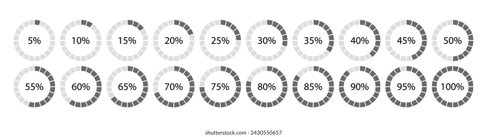 100 percent round pie chart. Grey circle filling template. Schemes with sectors. Diagram structure divided into pieces. Circular section graph. Piechart with segments and slices. Vector illustration