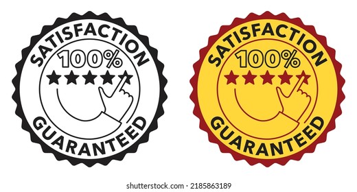 100 percent satisfaction guaranteed badge with hand pointing to five stars. Pictogram for packaging in flat style