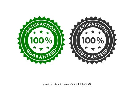 100 percent satisfaction guaranteed circular badge with stars. Quality assurance seal for premium service and customer trust. Blue and black vector stamp icons on white background.