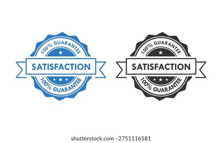 100 percent satisfaction guaranteed circular badge with stars. Quality assurance seal for premium service and customer trust. Blue and black vector stamp icons on white background.