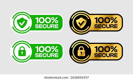 Insignia 100 por ciento segura con llave de bloqueo, escudo e icono de marca de verificación. Para el logotipo, etiqueta circular, sello, símbolo, fondo, etiqueta, signo, insignia, sello, etiqueta engomada, emblema, Anuncio. Ilustración vectorial