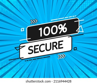 100% Sello vectorial de banner seguro. Insignia o botón para sitio web de comercio en fondo azul