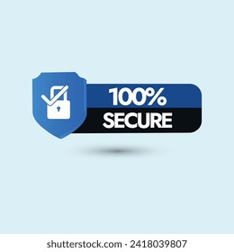 100 percent Secure.  Hundred percent secure concept banner with lock symbol. Security, protection conceptual banner, post, card, icon, label design with cyan background. Badge or button for website. 