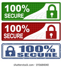 100 percent secure icons and grunge stamp on white background, vector illustration