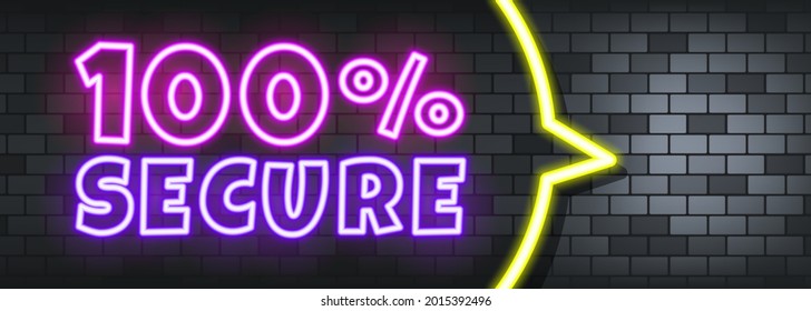 100% de texto seguro de neón en el fondo de piedra. 100 por ciento seguro. Para negocios, marketing y publicidad. Vector de fondo aislado. EPS 10.