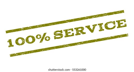 100 Percent Service watermark stamp. Text tag between parallel lines with grunge design style. Rubber seal stamp with dust texture. Vector olive color ink imprint on a white background.