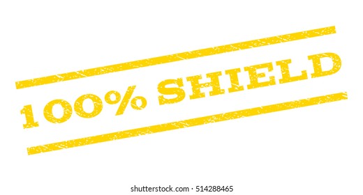 100 Percent Shield watermark stamp. Text caption between parallel lines with grunge design style. Rubber seal stamp with scratched texture. Vector yellow color ink imprint on a white background.