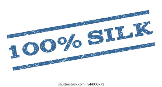 100 Percent Silk watermark stamp. Text caption between parallel lines with grunge design style. Rubber seal stamp with dust texture. Vector cobalt blue color ink imprint on a white background.