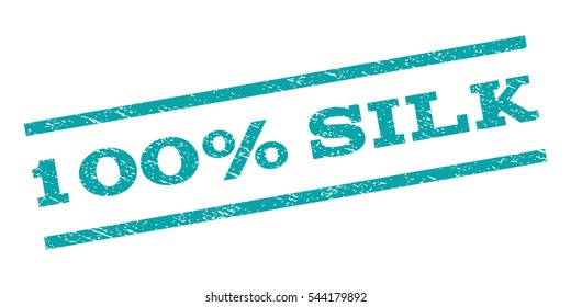 100 Percent Silk watermark stamp. Text tag between parallel lines with grunge design style. Rubber seal stamp with scratched texture. Vector cyan color ink imprint on a white background.