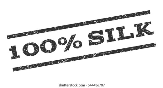 100 Percent Silk watermark stamp. Text tag between parallel lines with grunge design style. Rubber seal stamp with dirty texture. Vector gray color ink imprint on a white background.