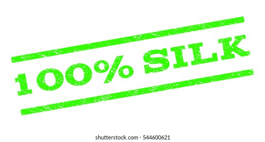 100 Percent Silk watermark stamp. Text caption between parallel lines with grunge design style. Rubber seal stamp with unclean texture. Vector light green color ink imprint on a white background.