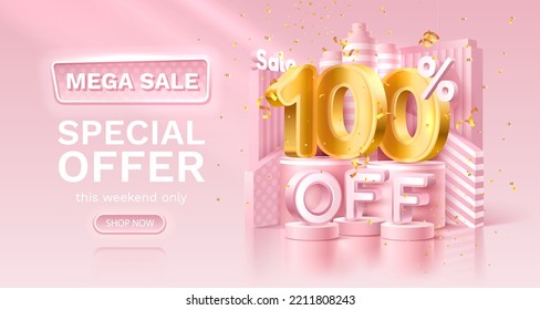 100 percent Special offer mega sale, golden confetti, podium and gift box. Sale banner and poster. Vector illustration.