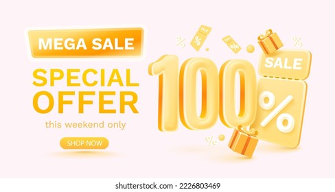 100 Prozent Sonderangebot Mega-Verkauf, Scheck und Geschenkbox. Verkaufen Sie Banner und Poster. Vektorgrafik.