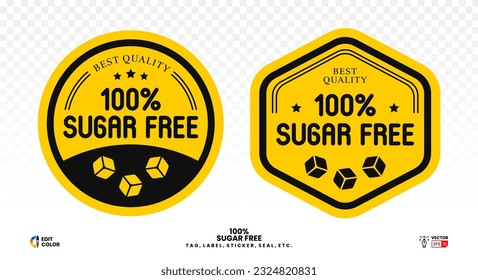 100% vector libre de azúcar. etiqueta redonda y pentágono para el embalaje de alimentos, pegatina, sello, signo, etiqueta, emblema, sello, logotipo, icono, insignia