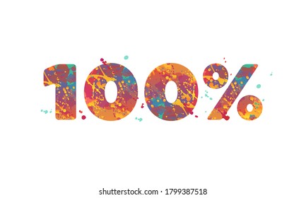 100 percent - typography inscription with multicolored spots of paint in red, yellow, teal colors on white background. Vector stock illustration, design element for flyer, banner, tag, advertisement.