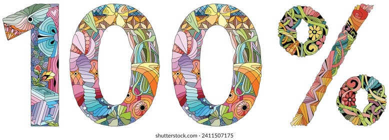 100 percent. Vector decorative zentangle object. Hand-painted art design