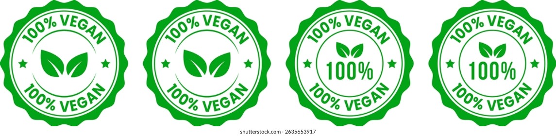 100 percent vegan Four green labels with leaves