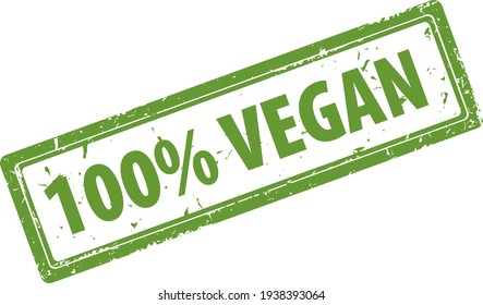 100 percent Vegan green square rubber stamp icon. All Vegan product stamp label. Vegan fresh food 100 percent symbol.