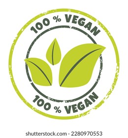 100 percent vegan icon. Vector label, logo, sticker. Textured round organic, bio, eco symbol with green leaves. Concept of lactose free, nonviolent healthy, fresh food.