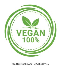 100 Percent Vegan Label, Badge, Seal, Banner, Ribbon, Tag, Emblem Design Vector Illustration With Grunge Texture