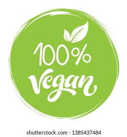 100 percent vegan logo vector icon. Vegetarian organic food label badge with leaf. Eco friendly concept design element.Vector illustration