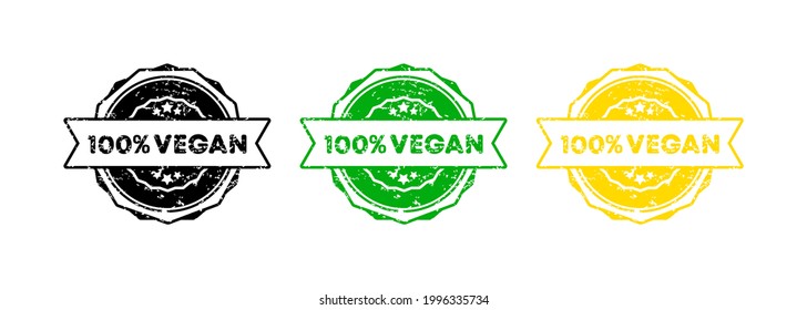 Sello 100% vegano. Vector. Icono de la insignia vegana al 100%. Logo de la insignia certificada. Plantilla de marca. Etiqueta, Pegatina, Iconos. EPS vectorial 10. Aislado sobre fondo blanco.