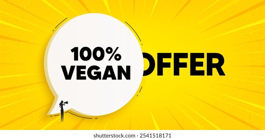 Etiqueta 100 por ciento vegana. Anuncio de burbuja de discurso de chat. Signo de bio alimentos orgánicos. Símbolo de producto vegetariano. Mensaje de burbuja de discurso de comida vegana. Fondo de cuadro de conversación. Vector