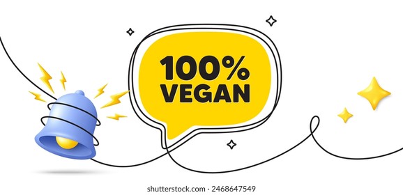 100 percent vegan tag. Continuous line art banner. Organic bio food sign. Vegetarian product symbol. Vegan food speech bubble background. Wrapped 3d bell icon. Vector