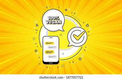 100 percent vegan. Yellow vector button with phone. Organic bio food sign. Vegetarian product symbol. Vegan food line icon. Abstract yellow background. Vector