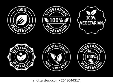 100 percent vegetarian icons set design, Vegan product label badge white on black background