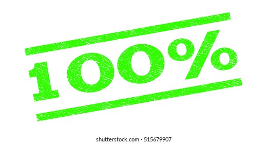 100 Percent watermark stamp. Text tag between parallel lines with grunge design style. Rubber seal stamp with dust texture. Vector light green color ink imprint on a white background.