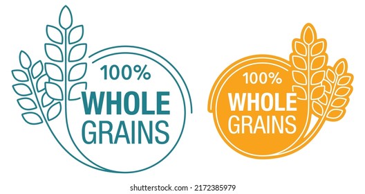 100 percent Whole Grains cereals - flat badge for healthy and dietary food labeling. Thin line circle with vector spikes