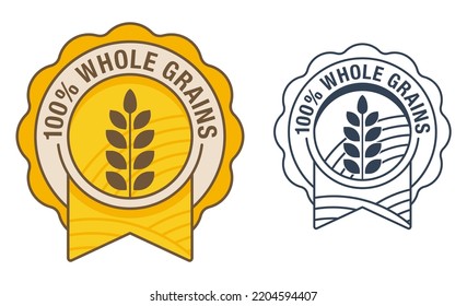 100 Percent Whole Grains - Flat Badge For Cereals, Healthy And Dietary Food Labeling. Seal With Vector Spikes