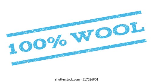 100 Percent Wool watermark stamp. Text caption between parallel lines with grunge design style. Rubber seal stamp with dirty texture. Vector light blue color ink imprint on a white background.