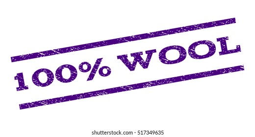 100 Percent Wool watermark stamp. Text tag between parallel lines with grunge design style. Rubber seal stamp with scratched texture. Vector indigo blue color ink imprint on a white background.