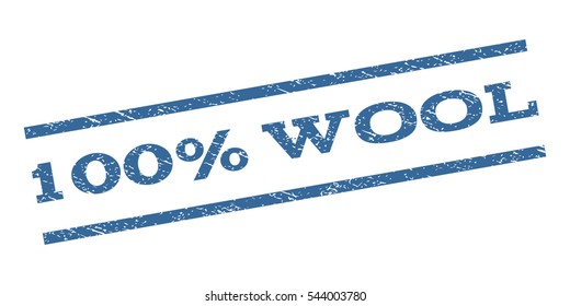 100 Percent Wool watermark stamp. Text tag between parallel lines with grunge design style. Rubber seal stamp with unclean texture. Vector cobalt blue color ink imprint on a white background.