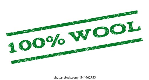 100 Percent Wool watermark stamp. Text caption between parallel lines with grunge design style. Rubber seal stamp with unclean texture. Vector green color ink imprint on a white background.