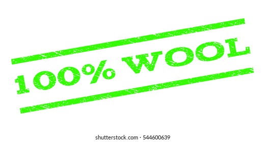 100 Percent Wool watermark stamp. Text tag between parallel lines with grunge design style. Rubber seal stamp with unclean texture. Vector light green color ink imprint on a white background.