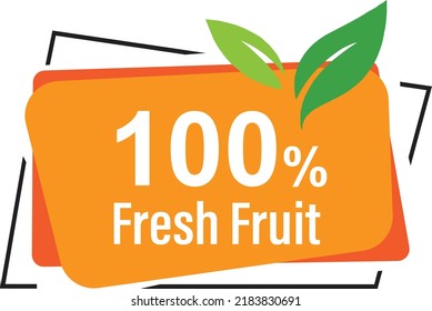 100 percentage fresh fruit rectangular and half polygonal design element vector illustration for promo sign label on white background with fantastic font and blue white color