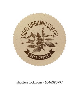 100 percentages organic coffee paper emblem in eco style with hand drawn coffee plant branch