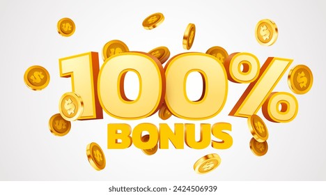 100 percents bonus. Falling golden coins. Cashback or prize concept. Vector illustration