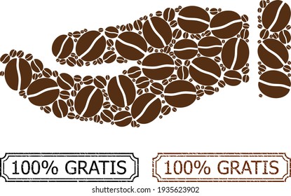 100 Percents Gratis Scratched Seals with Notches and Hand Mosaic of Coffee Grain