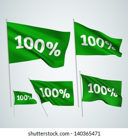 100 percents - green vector flags. A set of wavy 3D flags created using gradient meshes. EPS 8 vector