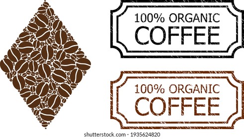 100 Percents Organic Coffee Textured Seals with Notches and Filled Rhombus Collage of Coffee Seeds
