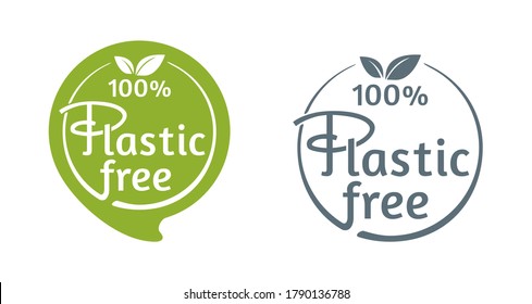 100 percents Plastic Free stamp in 2 variations for marking of unavailability of harmful polymers 