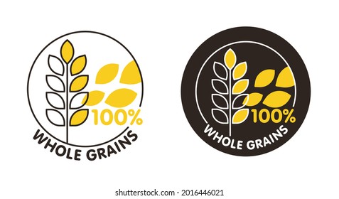 100 percents Whole Grain flat badge for cereals, healthy and dietary food labeling. Thin line circle with vector spikes