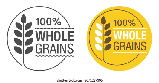 100 percents Whole Grains - flat badge for cereals, healthy and dietary food labeling. Thin line circle with vector spikes